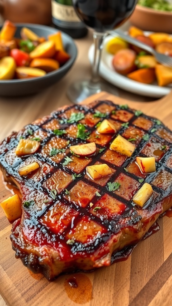 Air Fryer Ribeye Steak Recipe A juicy ribeye steak cooked in an air fryer, garnished with herbs, on a wooden board with roasted vegetables.